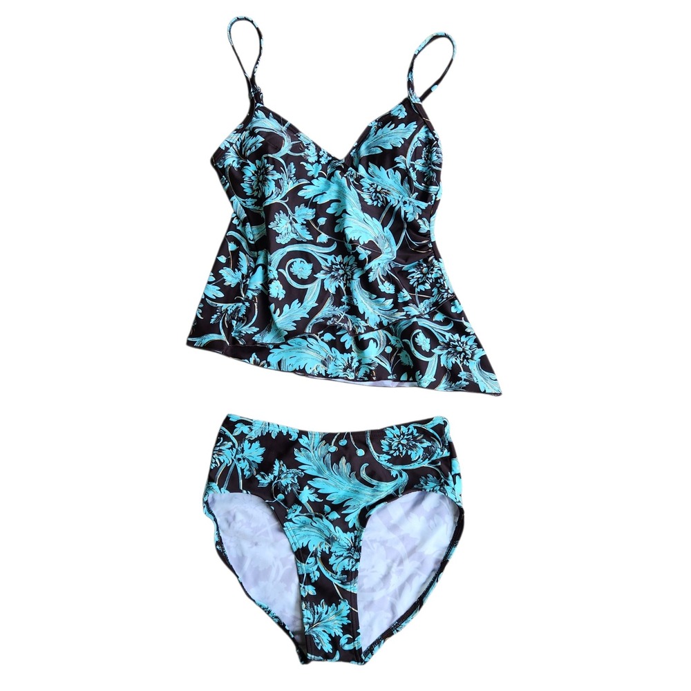 Y2K Bikini Bay Brown Turquoise Floral Tankini  Asymmetrical Ruffle Size 6 Swim